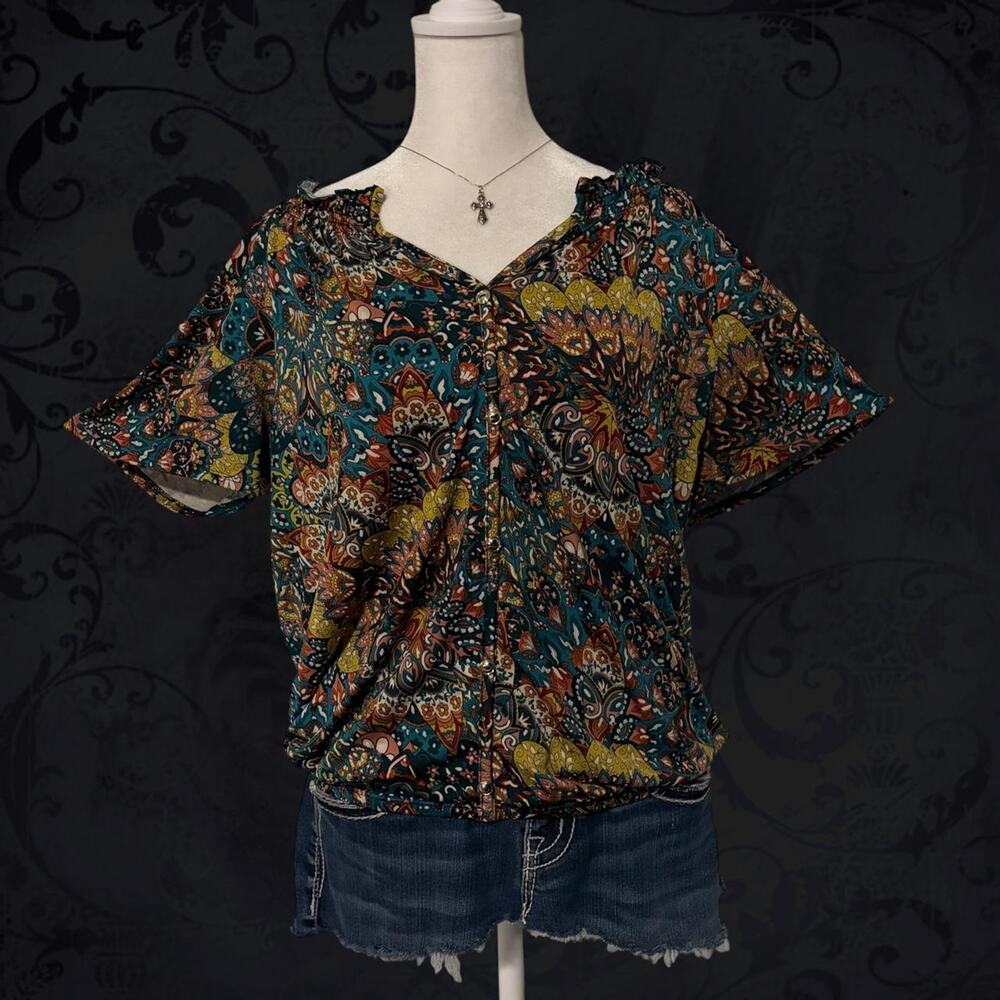 fairy boho colorful paisley floral medallion dark colors top